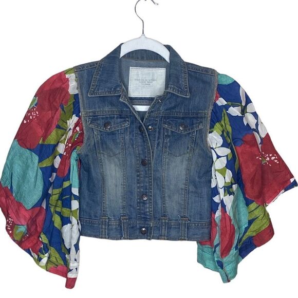 Snazzies Artwear Debbi Davis Mixed Media Floral Flare Sleeves Denim Jacket Sz 7 - Picture 1 of 5
